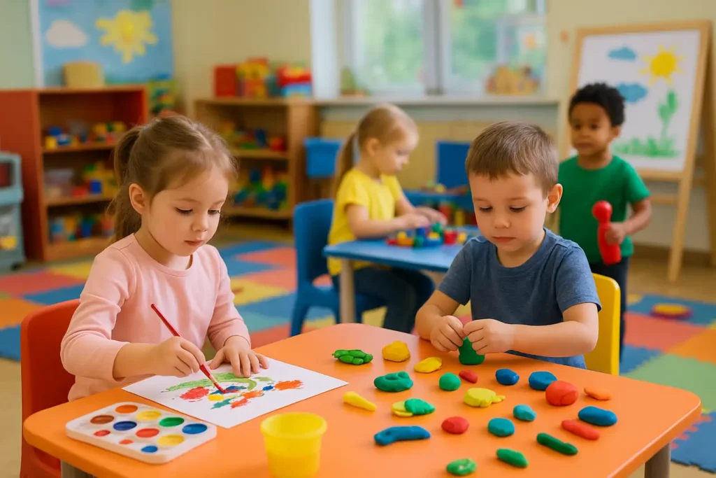 بهترین مهد کودک های کرج کودکان مشغول خمیر بازی و نقاشی