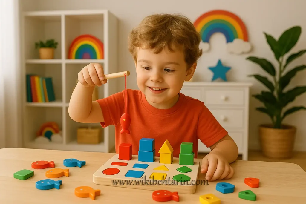 کودک در حال بازی با ماهیگیری و اشکال پایه و اسباب بازی های تقویت دست ورزی