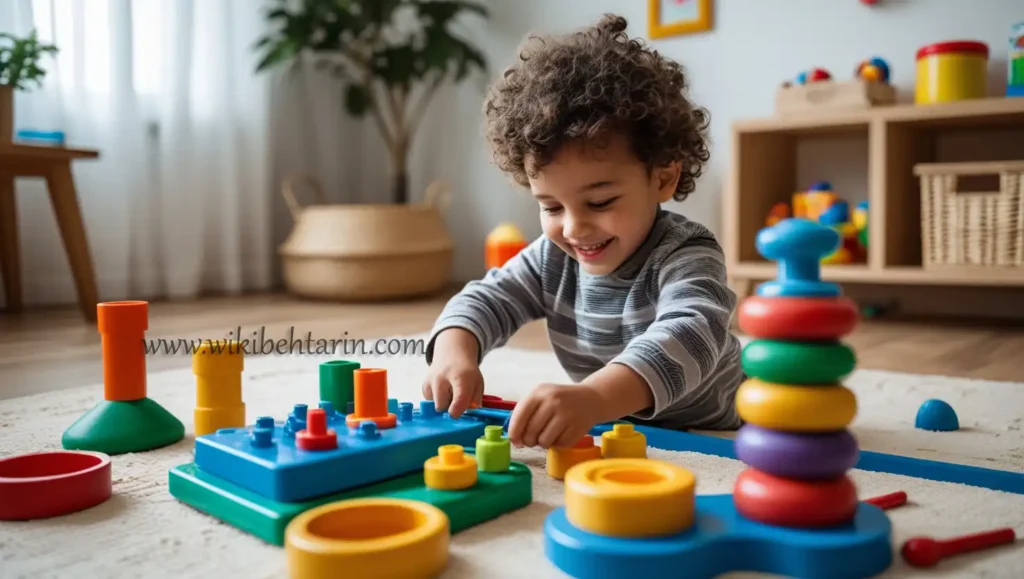 کودک در حال بازی با لگو و پیچ و مهره اسباب بازی های تقویت دست ورزی