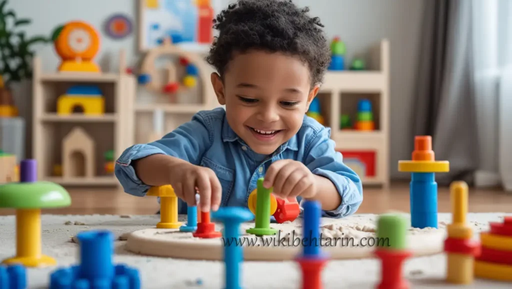 کودک در حال بازی با لگو و شن بازی از اسباب بازی های تقویت دست ورزی